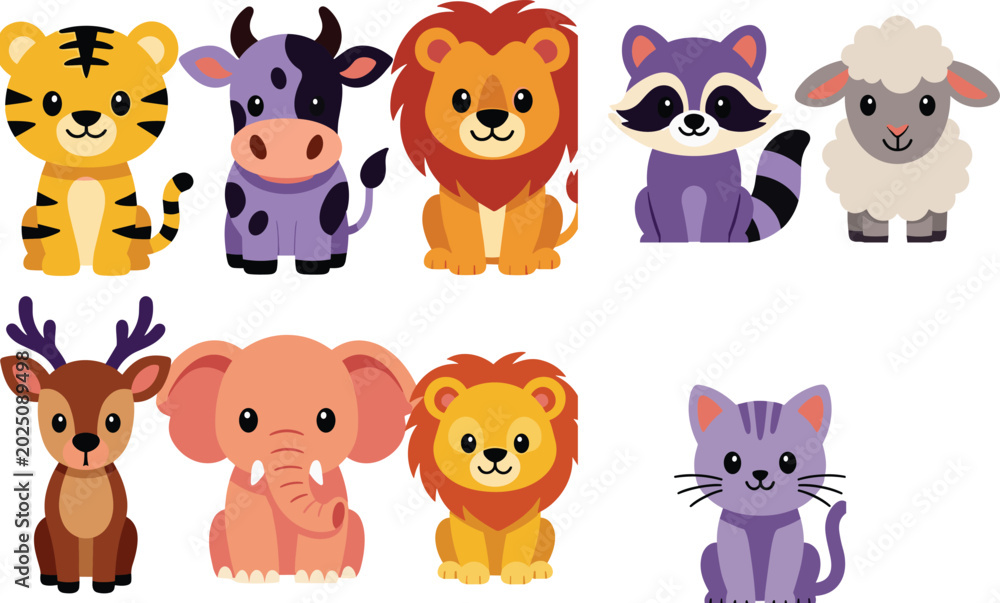 Fototapeta premium Set of Cute Baby Animal Characters Including Tiger, Cow, Lion, Raccoon, Sheep, Deer, Elephant, and Cat for Kids Nursery Decor and Educational Graphic Designs