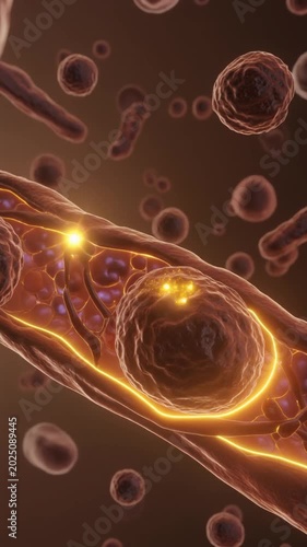 Microscopic cellular lifeforms in intricate vascular system with glowing energy, animating pulsating abstract biology, representing vital processes, health