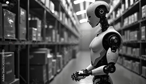 A humanoid robot stands thoughtfully in a vast, organized industrial warehouse facility