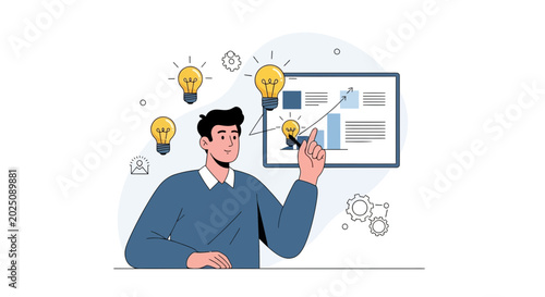 Man with ideas and lightbulbs on a chart