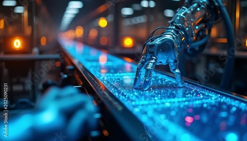 A robotic arm interacts with a futuristic glowing data conveyor belt in a smart factory