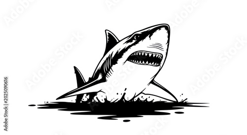 Foto Aggressive Great White Shark Emerging from Water, Fierce Predator Illustration