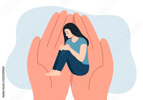 Depressed sad lonely woman in anxiety, sorrow vector illustration. Loneliness stressed girl on hand holding her knees need psychotherapy help, empathy, support