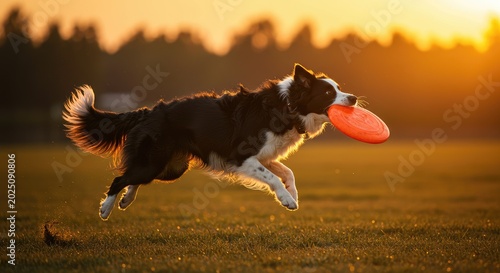 A border collie dog running with a frisbee at sunset