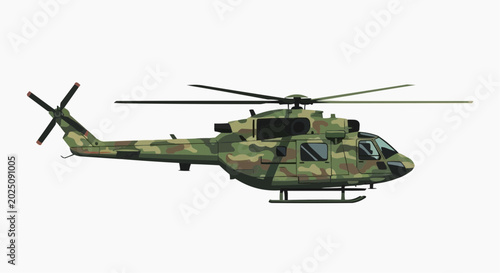 A military helicopter in camouflage livery, poised for action