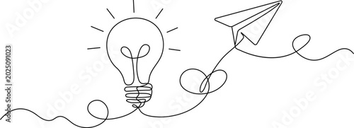Tableau sur toile Continuous line drawing Creative inspiration, light bulb, paper airplane, idea g