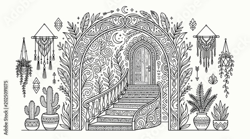 Foto Whimsical Staircase Archway with Bohemian Decor and Plants