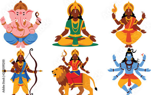 Foto Set of Hindu Deities Featuring Lord Ganesha, Shiva, Vishnu, Rama, and Goddess Du