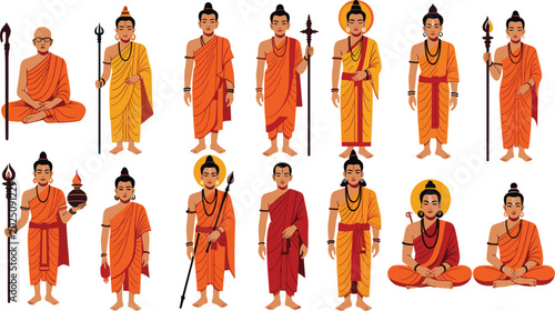 Foto Large Set of Hindu Monk and Buddhist Sadhu Character Illustrations Wearing Saffr