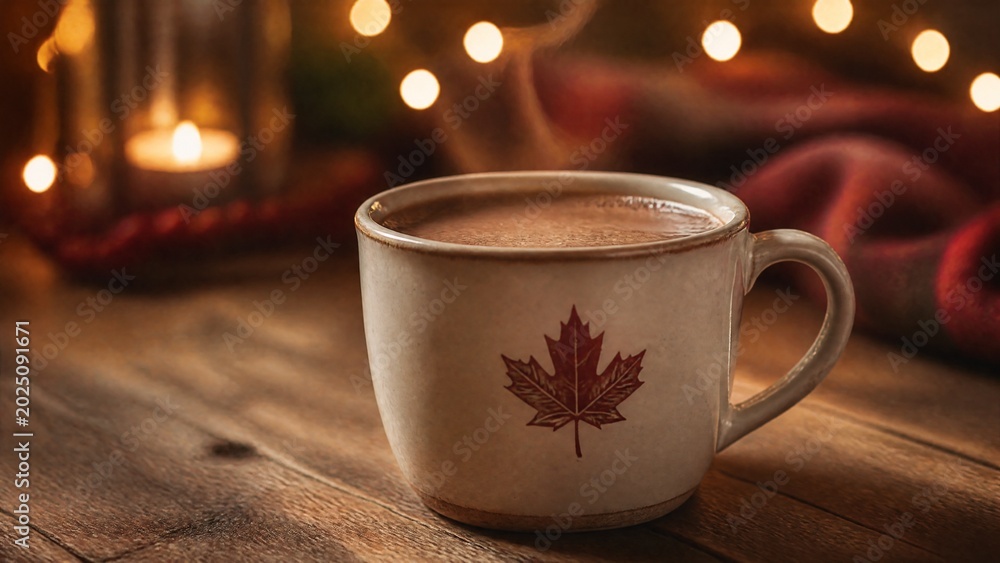 Fototapeta premium string. Ceramic mug with hot chocolate and maple leaf design on wooden table. representing seasonal cycles and harvest abundance, bar promotions, designed for product packaging and bar promotions.