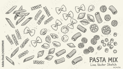 Bild auf Leinwand Hand-drawn pasta assortment sketch, Italian food ingredients, various shapes and