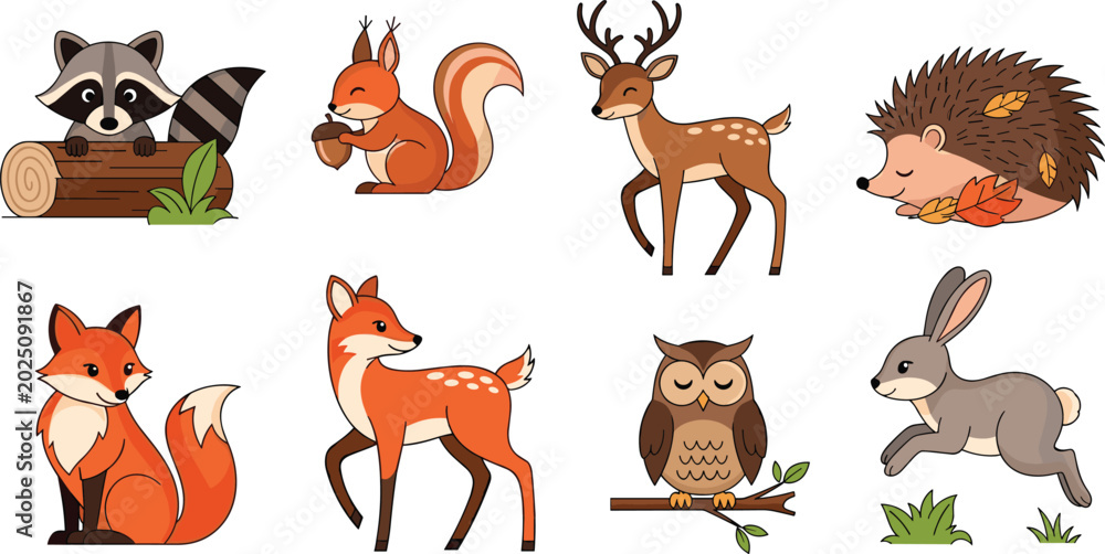 Fototapeta premium Forest and Woodland Animals Vector Set Featuring Raccoon, Squirrel, Deer, Hedgehog, Fox, Owl, and Rabbit Illustrations for Wildlife and Nature Designs