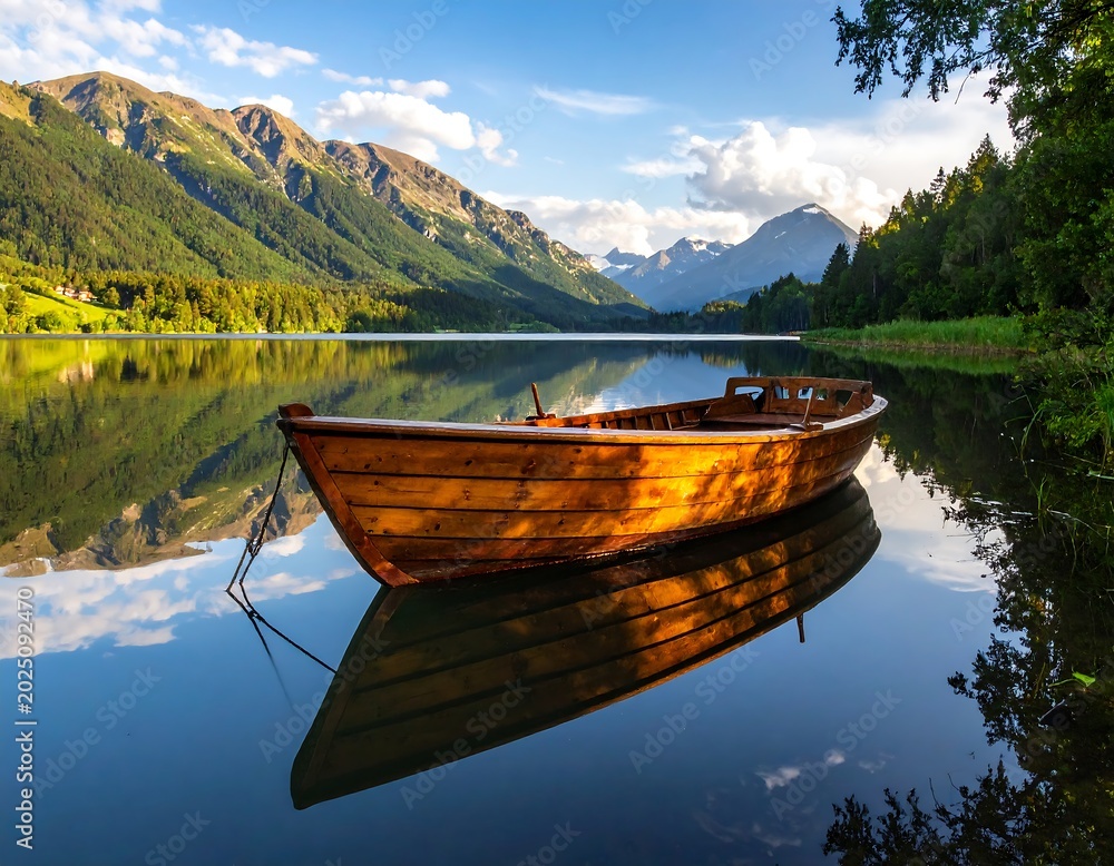 Obraz premium Wooden Rowboat Floating on Calm Mountain Lake at Sunset