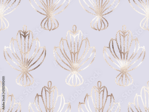 Botanical art deco floral seamless pattern with gold decorative flowers.
