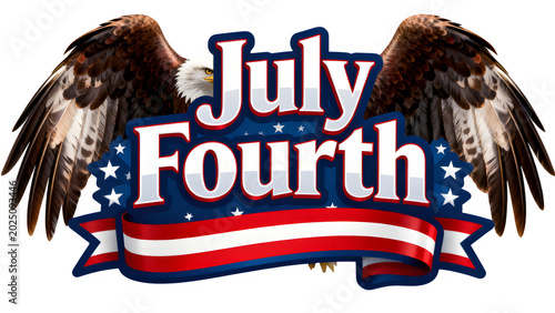 July Fourth Patriotic Typography with Eagle Wings PNG