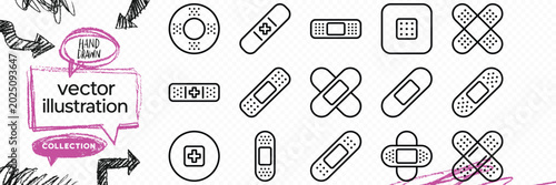 Canvastavla Line art outline vector icon set of medical plaster bandage first aid injury tre