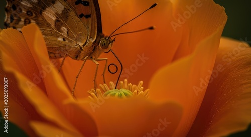 A close-up of a butterfly on an orange poppy flower