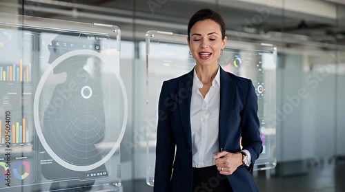 Professional Woman Presenting Data on Transparent Screen in Office with ai generated