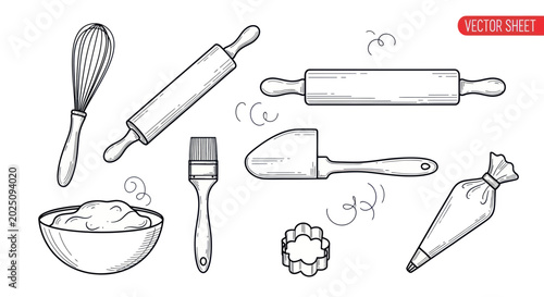 Foto Baking Utensils Set: Rolling Pin, Whisk, Pastry Brush, Dough Bowl, Piping Bag