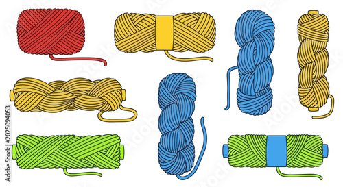 Photos Colorful yarn skeins and balls for knitting and crochet, craft supplies