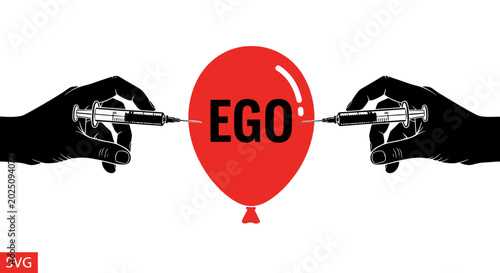 Tableau sur toile Ego Inflation Concept: Hands Injecting Syringes into Red Balloon