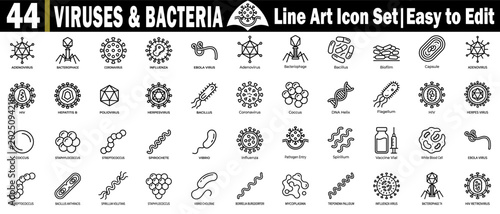 Foto Viruses and bacteria line art icon set