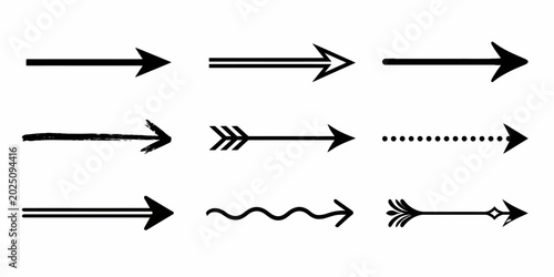Diverse collection of nine black arrow with various styles and