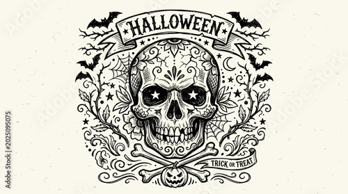 Halloween Sugar Skull Art with Bats, Spiderweb, and Bones - Vintage Style