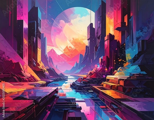Vibrant Futuristic City Canyon Glowing at Sunset with Reflective Waterway