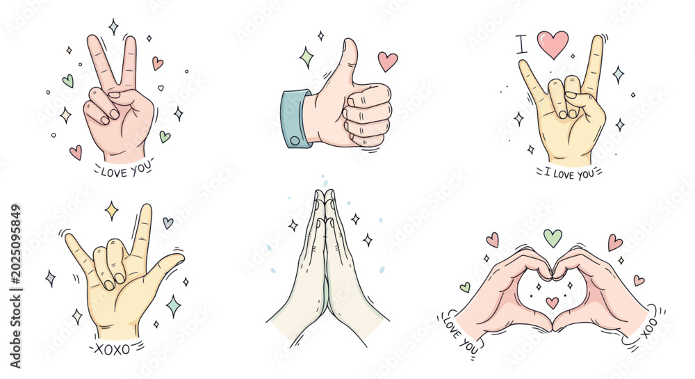 Fototapeta premium Hand Gestures Collection: Love, Peace, Thanks, Prayer, Rock On, Heart Symbol