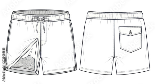 Mens Swim Trunks Flat Sketch Front and Back View