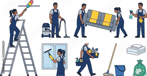 Tableau sur toile Professional Cleaning Service Character Set Featuring Workers Vacuuming, Washing
