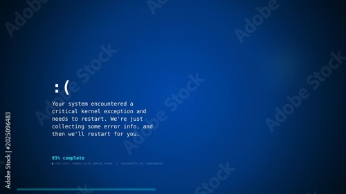 Computer screen displaying a blue background with a blue error message and a sad emoticon, indicating a system crash or failure