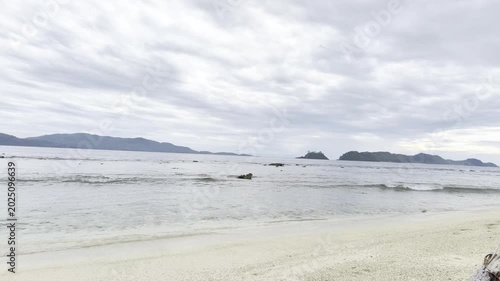 Serene Ocean View with Distant Islands and Gentle Waves on a Cloudy Day.