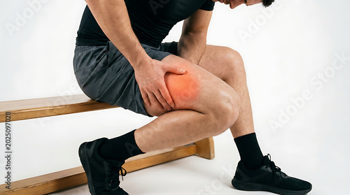 Man with Thigh Muscle Pain & Injury: Sports Medicine, Physical Therapy, Muscle Strain & Recovery Concept