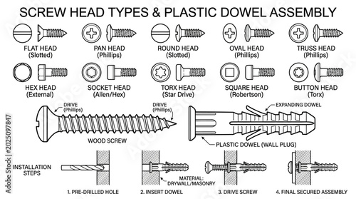 Foto Screw Head Types and Plastic Dowel Assembly Diagram