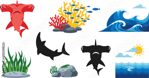 Fotografía Ocean and Marine Life Vector Set Featuring Hammerhead Shark, Great White Shark,