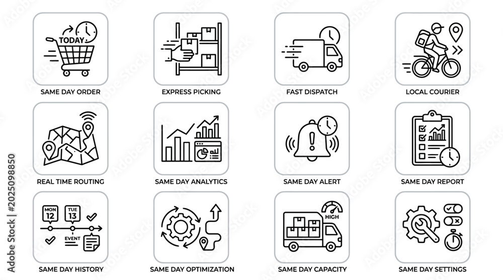 Obraz premium Set of line icons for same day delivery logistics and shipping services.