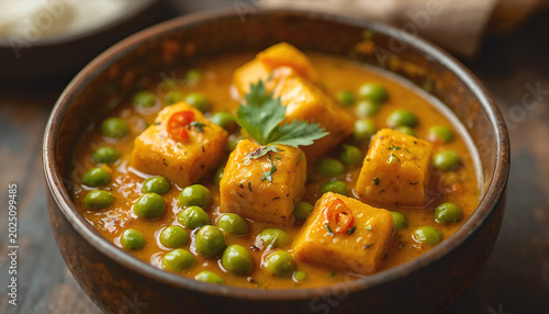 Green peas or matar paneer curry recipe, served in a bowl. selective focus.