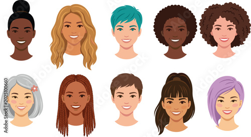 Bild auf Leinwand Diverse Collection of Diverse Woman Avatars with Various Hairstyles and Ethnicit