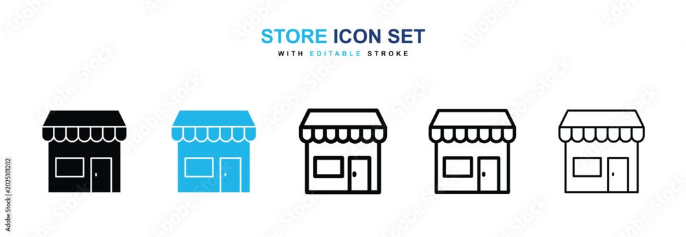 Fototapeta premium Store icons vector collection in black and blue colors on white background
