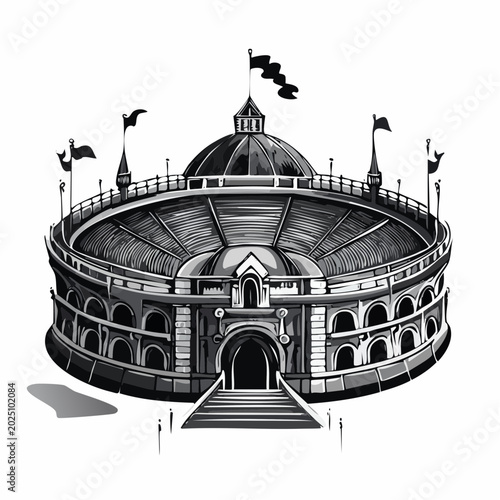 Grand circular amphitheater with a central dome and flags flying, showcasing classical architecture and imposing