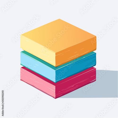 Stack of colorful sticky notes in yellow, blue, and pink, neatly arranged in isometric perspective on a light background