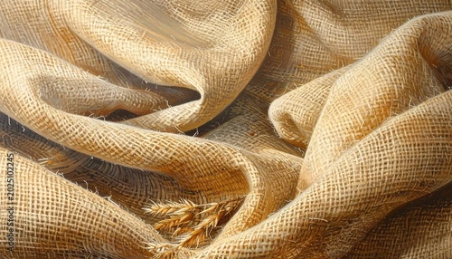 Textured Rustic Burlap Fabric Draped with Wheat Ears in Warm Natural Light