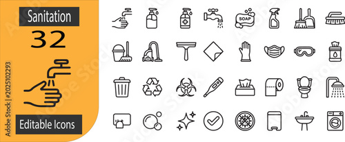 Foto Set of 32 outline icons related to Sanitation Linear icon collection