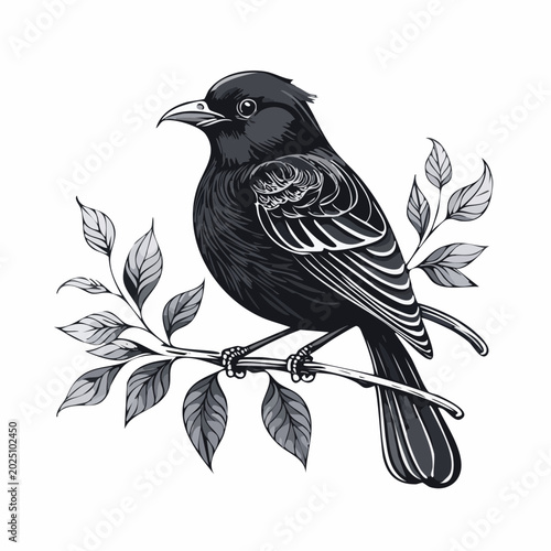 Detailed black bird perched on a leafy branch with a white background, elegant illustration