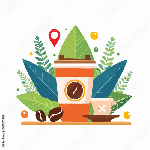 Cozy Coffee Break Surrounded by Lush Green Leaves and Earthy Tones