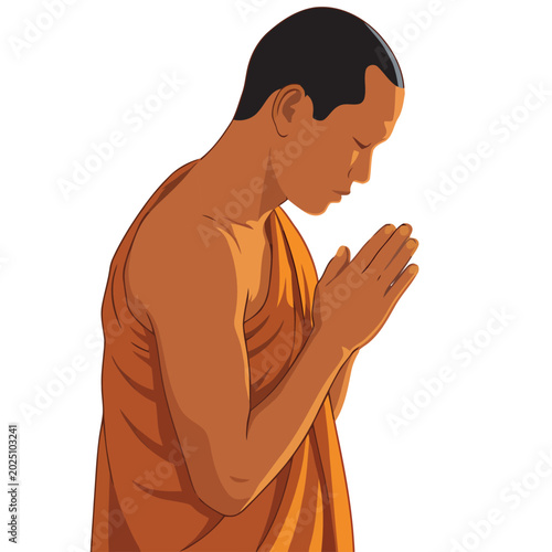 Schilderij op canvas A serene monk in saffron robes performs prayer, conveying faith and tranquility