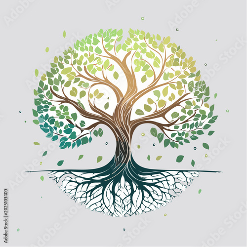 Stylized tree of life with vibrant green leaves and intricate root system symbolizing growth and nature