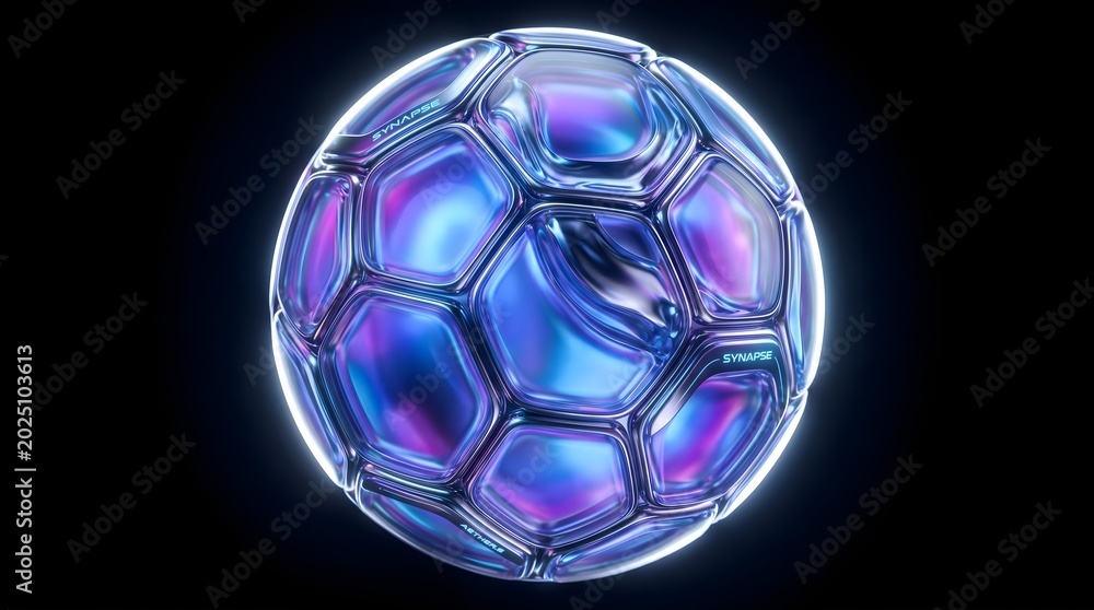 Naklejka premium High tech soccer ball with hexagonal iridescent panels and chrome frame glowing isolated on dark cosmic background 3d art.